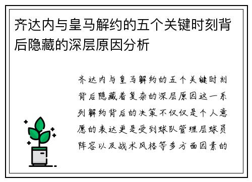 齐达内与皇马解约的五个关键时刻背后隐藏的深层原因分析