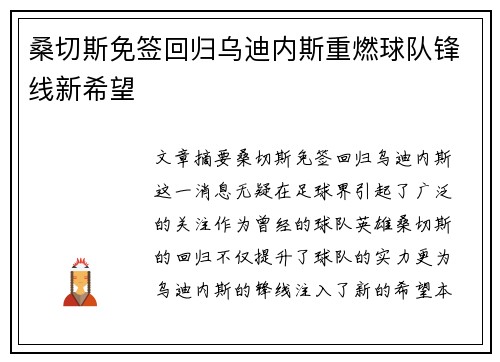 桑切斯免签回归乌迪内斯重燃球队锋线新希望