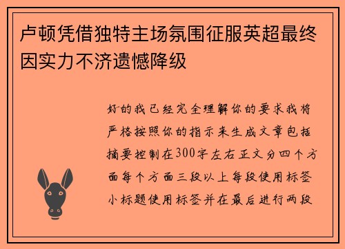 卢顿凭借独特主场氛围征服英超最终因实力不济遗憾降级